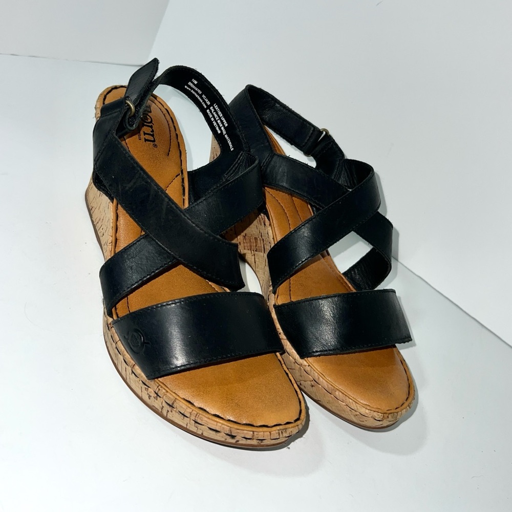 Born Women's Leather Straps Cork Platform Sandal Wedge Black, Size 10